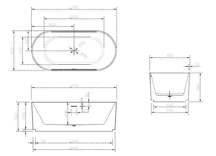 Riva Oslo V-Groove Oval 1700mm Freestanding Bathtub Gloss White - Sydney Home Centre