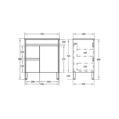 Poseidon Nova 750mm Left Hand Drawer Freestanding Vanity Concrete Grey (Cabinet only) - Sydney Home Centre