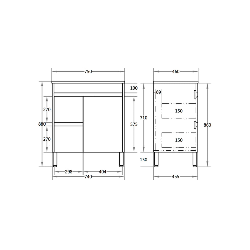 Poseidon Nova 750mm Left Hand Drawer Freestanding Vanity Concrete Grey (Cabinet only) - Sydney Home Centre