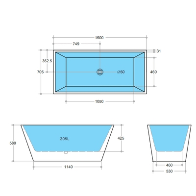 Poseidon Qubist Free Standing 1500mm Gloss White Bathtub - Sydney Home Centre