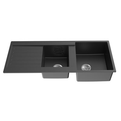 Poseidon Quartz 1160x500x216mm Double Bowl Kitchen Sink With Drainer Matte Black - Sydney Home Centre