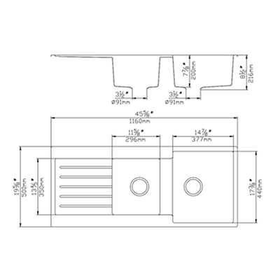 Poseidon Quartz 1160x500x216mm Double Bowl Kitchen Sink With Drainer Matte Black - Sydney Home Centre