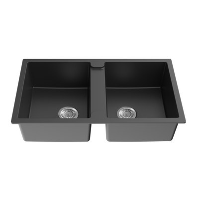 Poseidon Quartz Top/Under Mount 860mm Double Bowl Kitchen Sink Matte Black - Sydney Home Centre