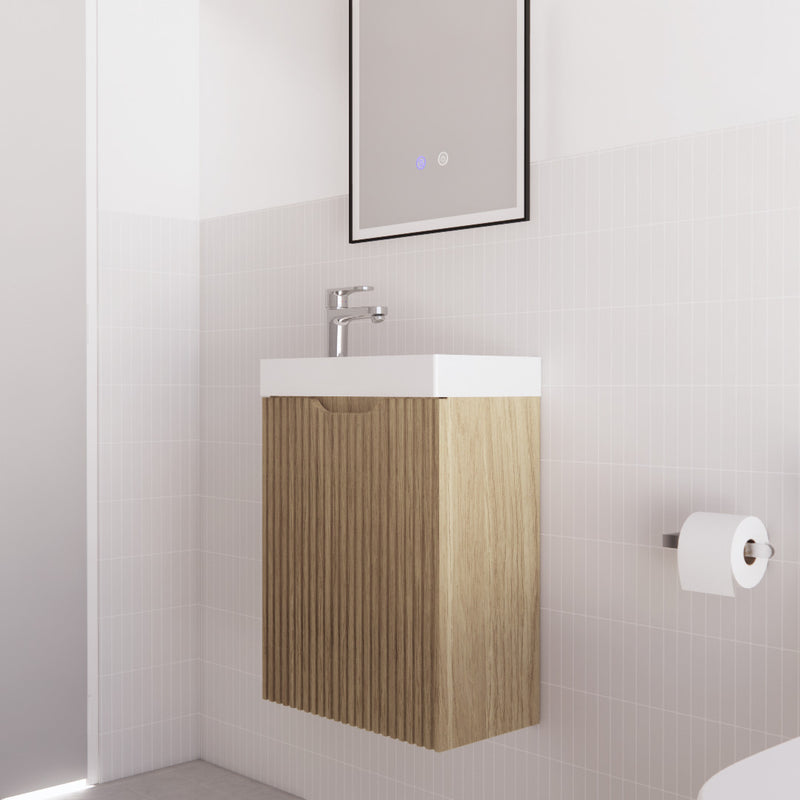 Riva Vienna 450mm Wall Hung Vanity American Oak (Polymarble Ceramic Top) - Sydney Home Centre