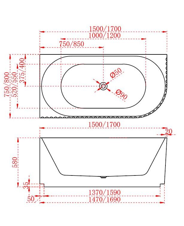 Riva Roma Fluted 1500mm Right Corner Bathtub Matte White - Sydney Home Centre