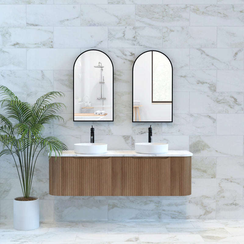 Riva Bergen 1500mm Solid Timber Double Bowl Wall Hung Vanity (Carrara Stone Top) - Sydney Home Centre