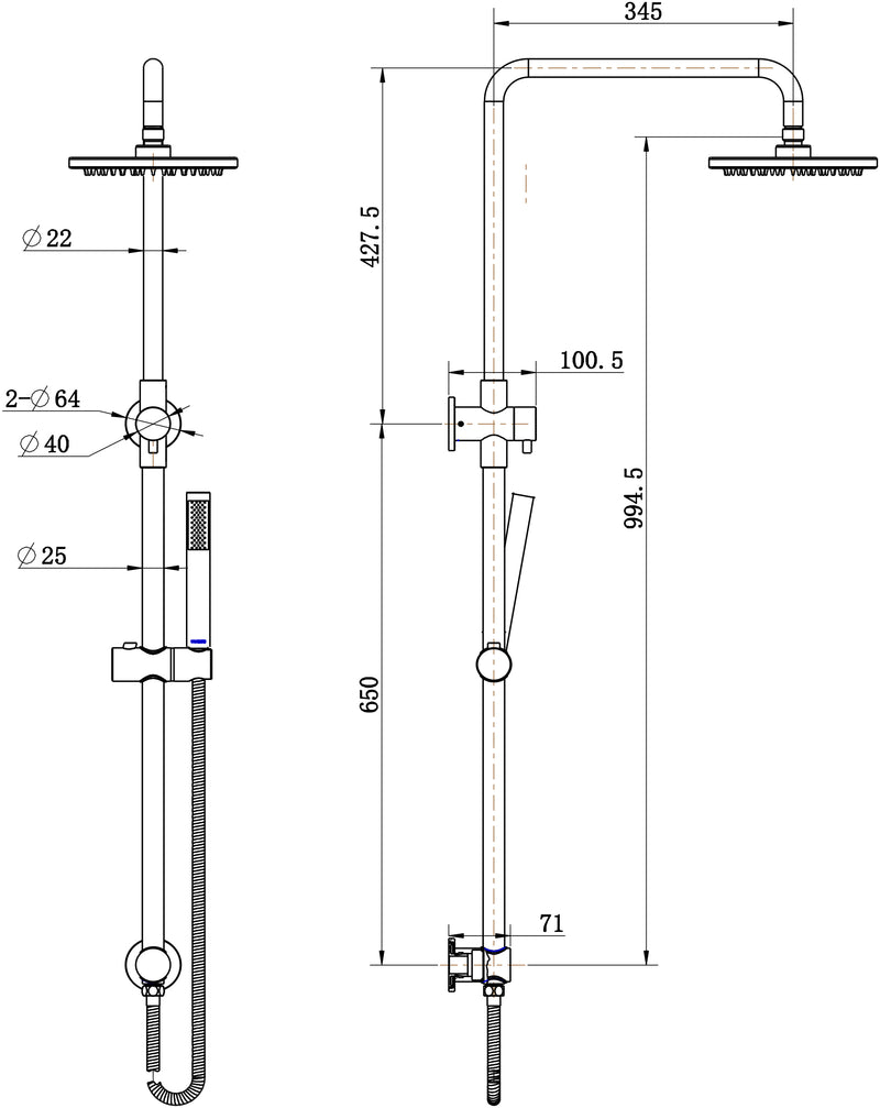 MN Star Twin Rail Shower Matte Black