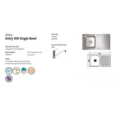 Abey Entry Left Side Single Bowl Sink Stainless Steel