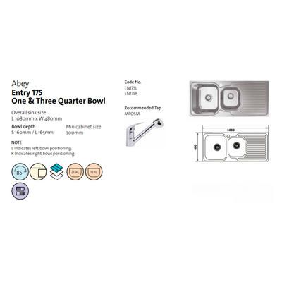 Abey Entry 1 & 3/4 Right Hand Bowl Sink Stainless Steel