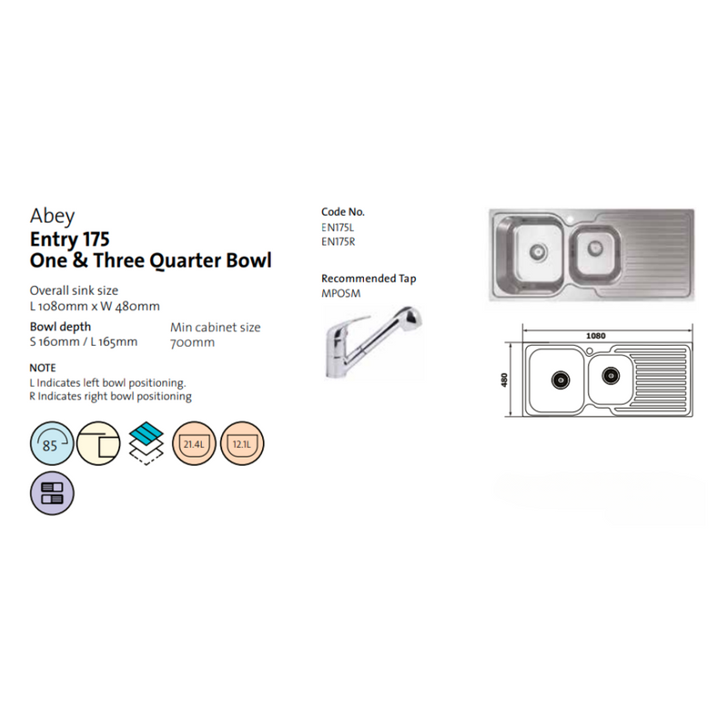 Abey Entry 1 & 3/4 Right Hand Bowl Sink Stainless Steel