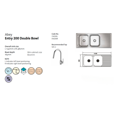 Entry Right Hand Double Bowl Drainer Sink