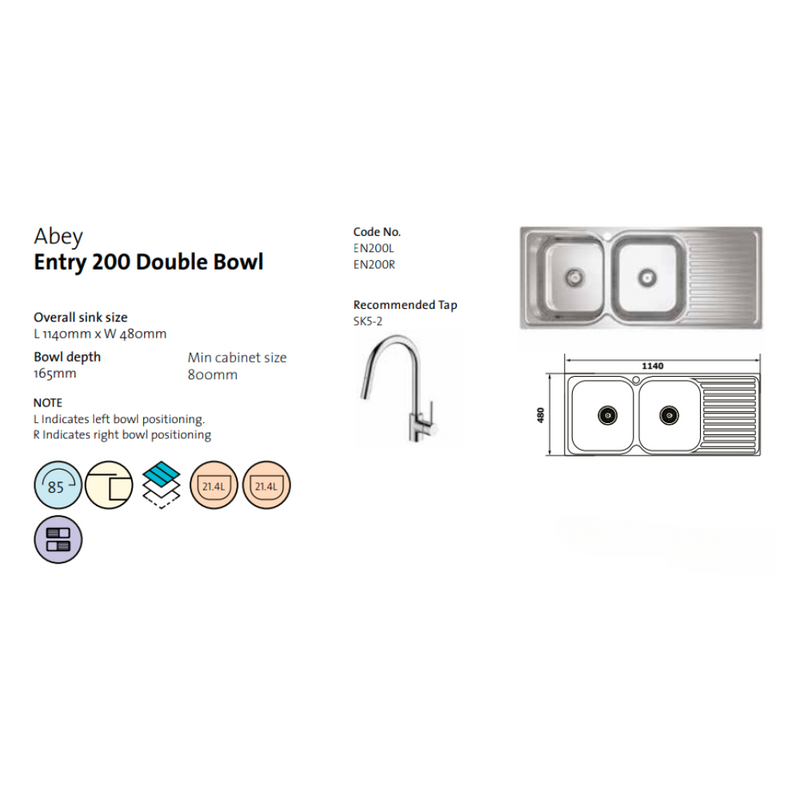 Entry Right Hand Double Bowl Drainer Sink