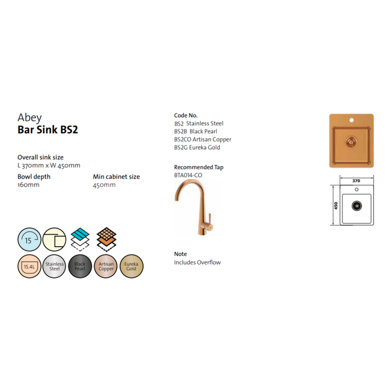 Abey BS2 Bar Sink With Tap Landing Artisan Copper