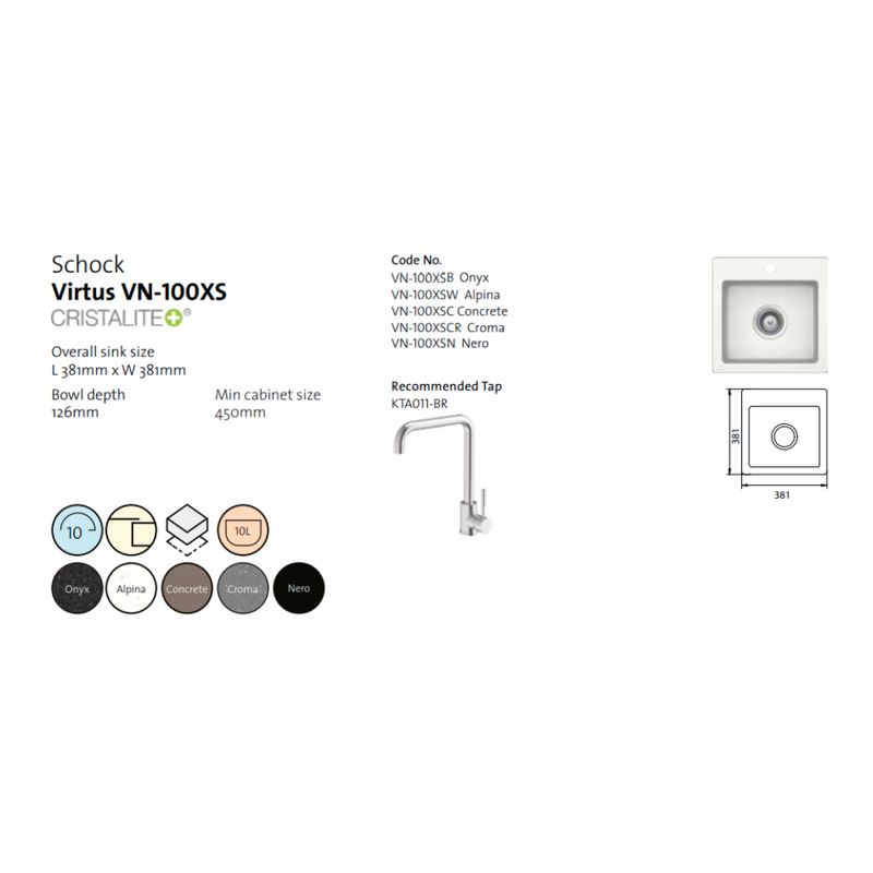 Schock Virtus Small Bowl Sink 1TH Croma