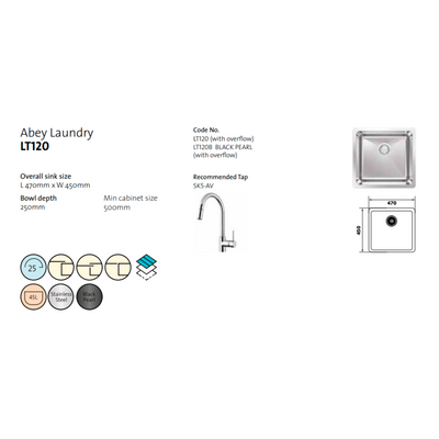 Abey LT120 45 Litre Single Bowl Sink with Overflow Stainless Steel