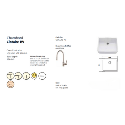 Chambord Clotaire Small Single Bowl Sink Fireclay White