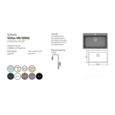 Schock Virtus Large Bowl Sink 1TH Concrete