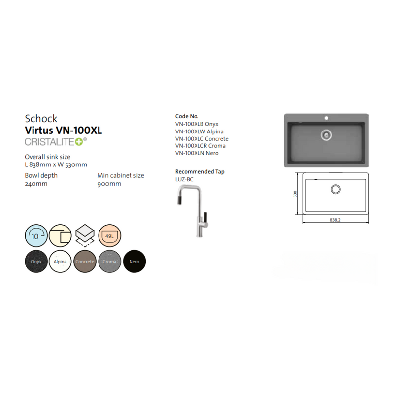 Schock Virtus Large Bowl Sink 1TH Alpina