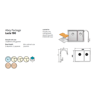 Abey Lucia 190 Sink Stainless Steel With KTA014-BR Kitchen Mixer, Drain Tray & Cutting Board