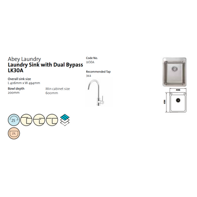 Abey Single Bowl Laundry Sink with Dual Bypass Stainless Steel 406mm