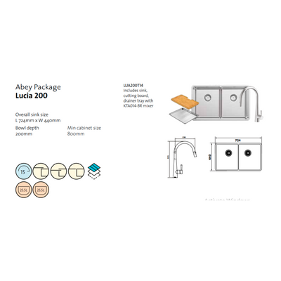 Abey Lucia 200 Sink Stainless Steel With KTA014-BR Kitchen Mixer, Drain Tray & Cutting Board