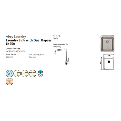 Abey Single Bowl Laundry Sink with Dual Bypass Stainless Steel 456mm