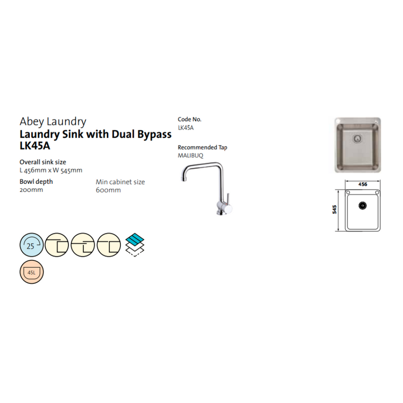 Abey Single Bowl Laundry Sink with Dual Bypass Stainless Steel 456mm