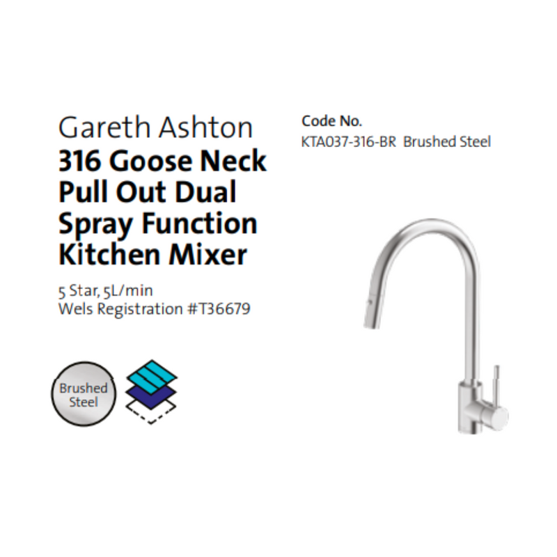 Gareth Ashton 316 Gooseneck Pull Out Dual Spray Function Stainless Steel Kitchen Mixer