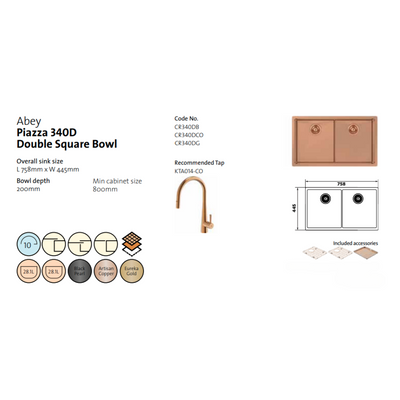 Abey Piazza Double Square Bowl Sink Artisan Copper