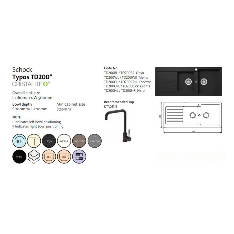 Schock Typos 1 & 3/4 Left Hand Bowl & Drainer Concrete 1TH