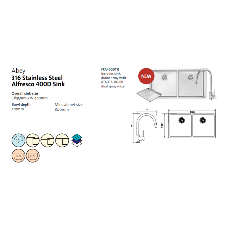 Alfresco 400 Double Bowl Sink Stainless Steel with Drain Tray & KTA037-316-BR Kitchen Mixer