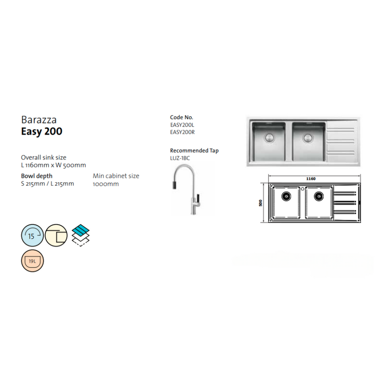 Barazza Easy Right Hand Double Bowl & Drainer Sink