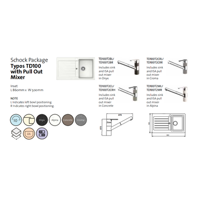 Schock Typos Single Left Hand Bowl with Drainer & 400710B Pull Out Kitchen Mixer Croma 1TH