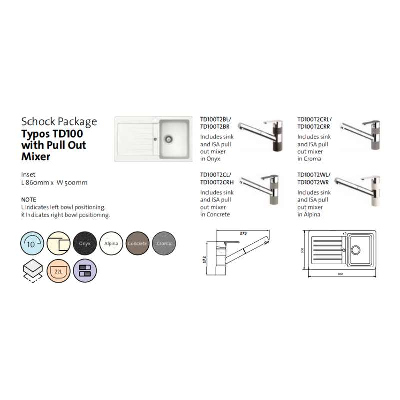 Schock Typos Single Left Hand Bowl with Drainer & 400710B Pull Out Kitchen Mixer Croma 1TH