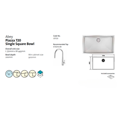 Abey Piazza 720 Square Single Bowl Sink Stainless Steel