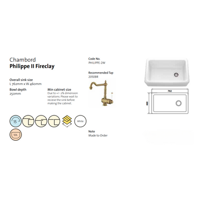 Chambord Philippe II Single Bowl Fireclay Sink White