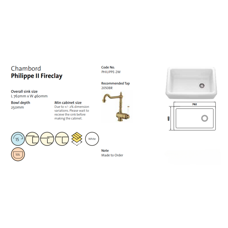 Chambord Philippe II Single Bowl Fireclay Sink White