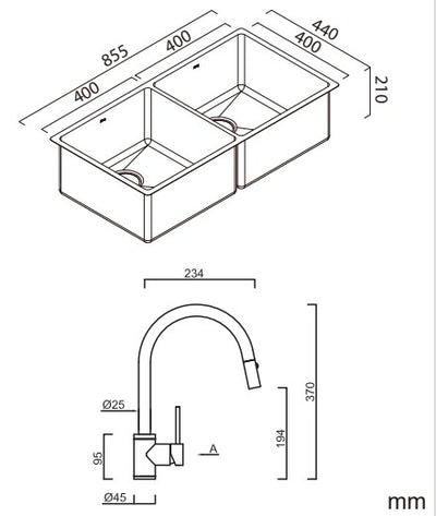 Alfresco 400 Double Bowl Sink Stainless Steel with Drain Tray & KTA037-316-BR Kitchen Mixer