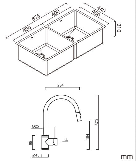 Alfresco 400 Double Bowl Sink Stainless Steel with Drain Tray & KTA037-316-BR Kitchen Mixer