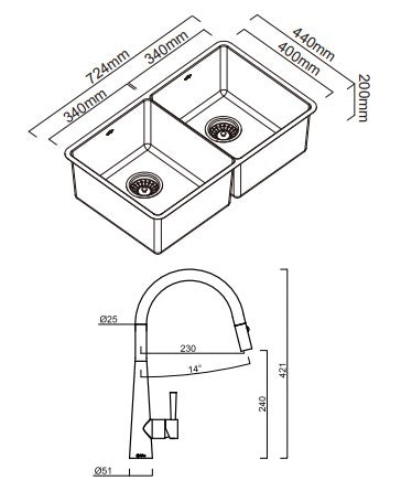 Abey Lucia 200 Sink Stainless Steel With KTA014-BR Kitchen Mixer, Drain Tray & Cutting Board