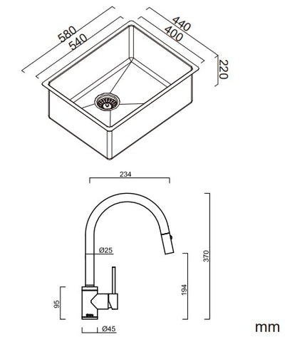 Abey Alfresco 540 Large Bowl Sink With Drain Tray & Gareth Ashton Pull Out Kitchen Mixer