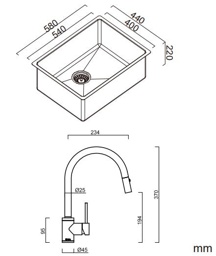 Abey Alfresco 540 Large Bowl Sink With Drain Tray & Gareth Ashton Pull Out Kitchen Mixer