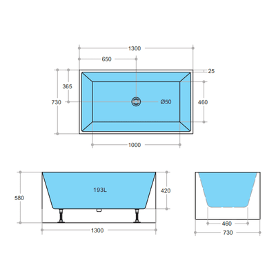 Poseidon Theo Back To Wall 1300mm Bathtub Non Overflow - Sydney Home Centre