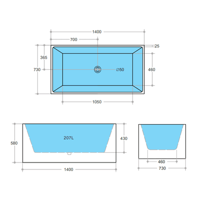 Poseidon Theo Back To Wall 1400mm Bathtub Non Overflow - Sydney Home Centre