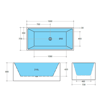 Poseidon Theo Back To Wall 1500mm Bathtub Non Overflow - Sydney Home Centre