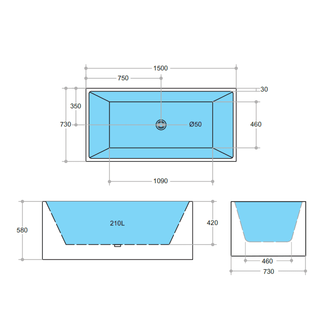 Poseidon Theo Back To Wall 1500mm Bathtub Non Overflow - Sydney Home Centre