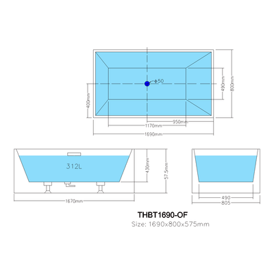 Poseidon Theo Back To Wall 1690mm Bathtub With Overflow - Sydney Home Centre