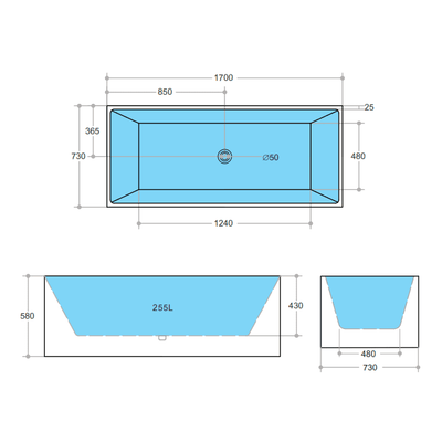 Poseidon Theo Back To Wall 1700mm Bathtub Non Overflow - Sydney Home Centre