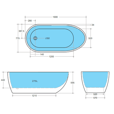 Poseidon Veda Free Standing 1690mm Matte White Bathtub - Sydney Home Centre