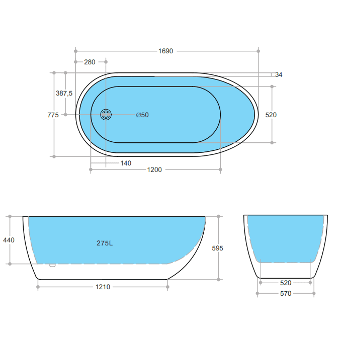 Poseidon Veda Free Standing 1690mm Gloss Black And White Bathtub - Sydney Home Centre